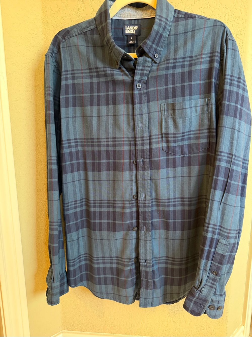 Lands' End Men's Dark and Light Blue Plaid Button-Down Shirt